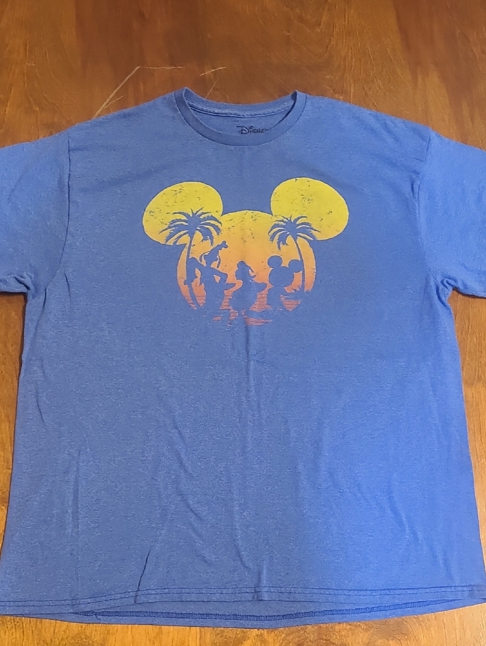 Disney Blue Tee with Yellow & Orange Mickey Sunset Graphic